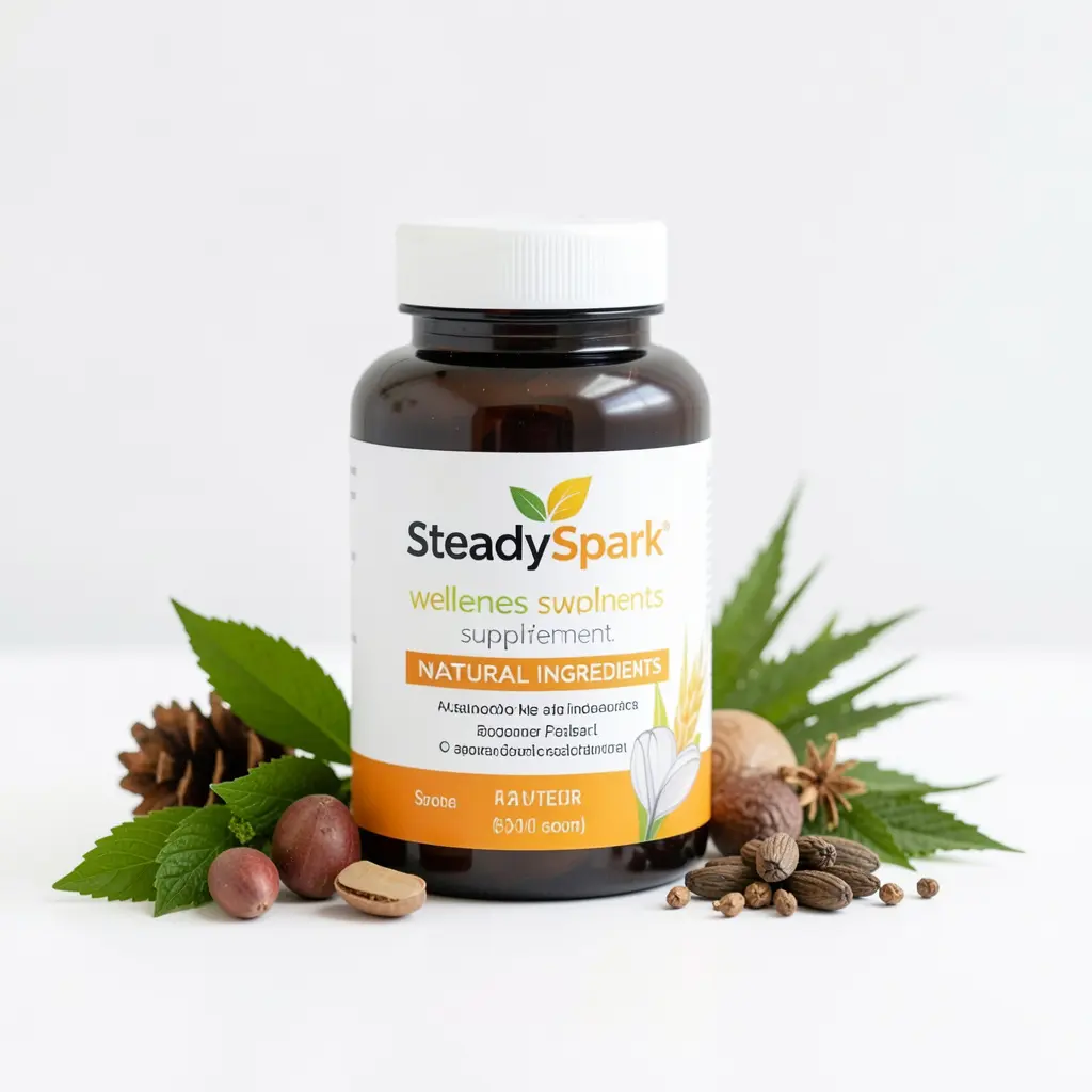 SteadySpark wellness supplement bottle with natural ingredients displayed on a clean white surface